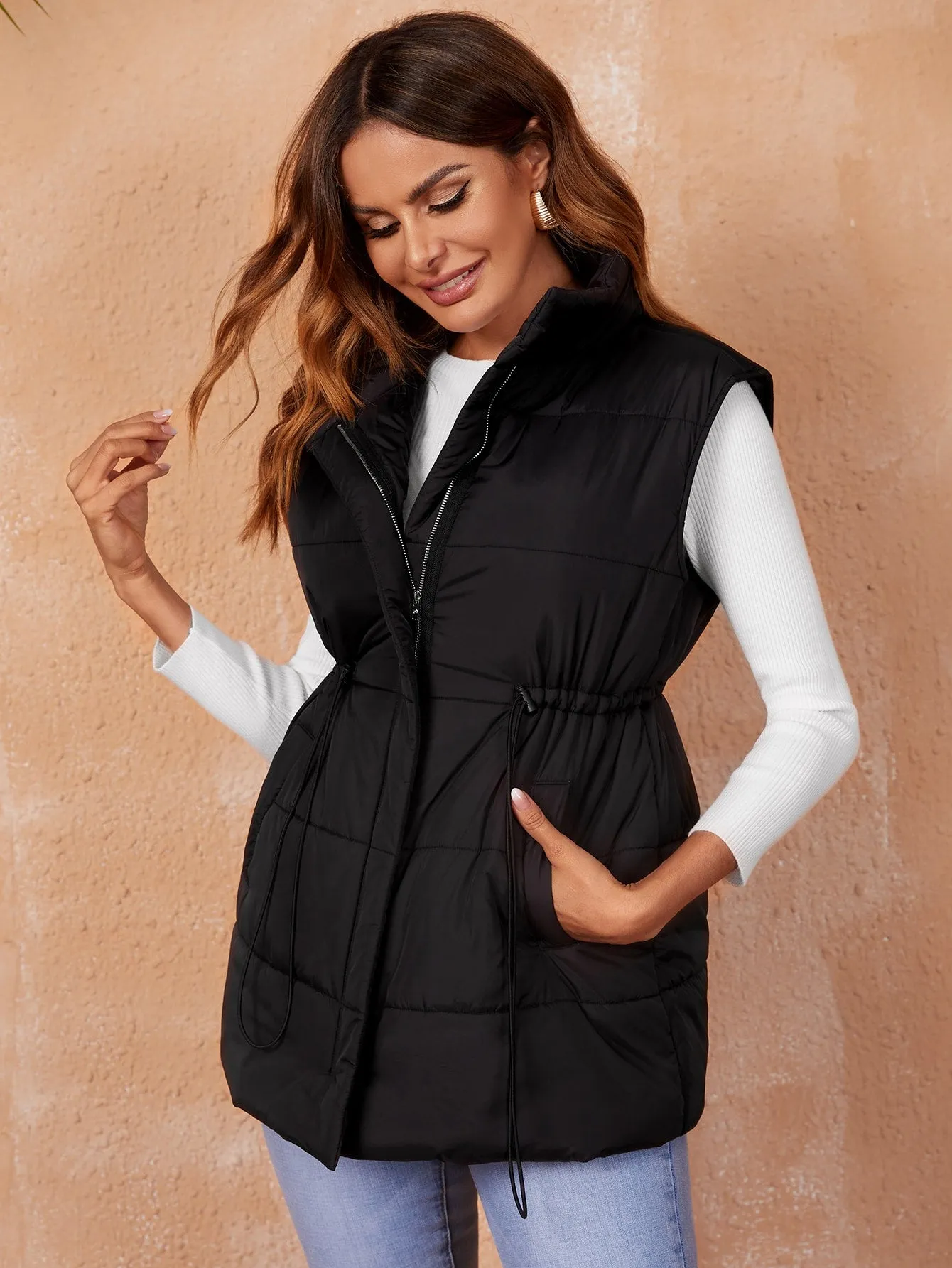 Casual Plain Drawstring Sleeveless Collar Short Women Winter Coat