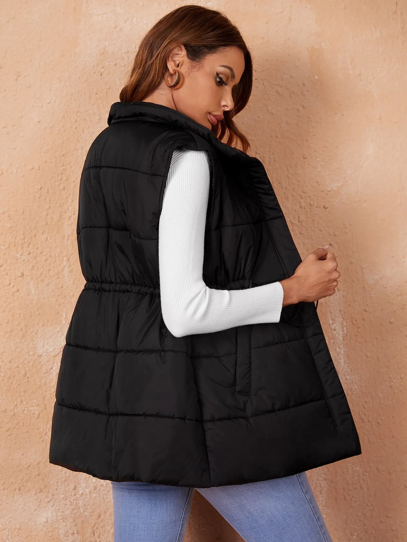 Casual Plain Drawstring Sleeveless Collar Short Women Winter Coat