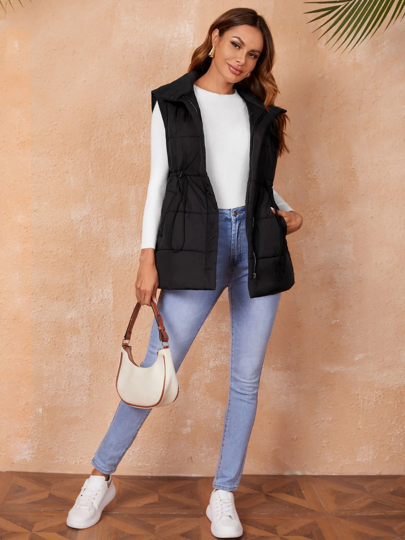 Casual Plain Drawstring Sleeveless Collar Short Women Winter Coat